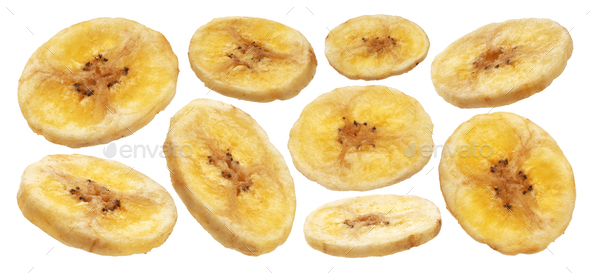 Dried banana slices isolated on white background with clipping path