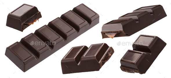 Chocolate bars with melted caramel filling isolated on white background