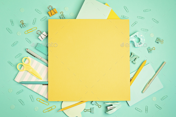 Back to school concept. School and office supplies on pastel background.  Education, preparation to Stock Photo by OksaLy