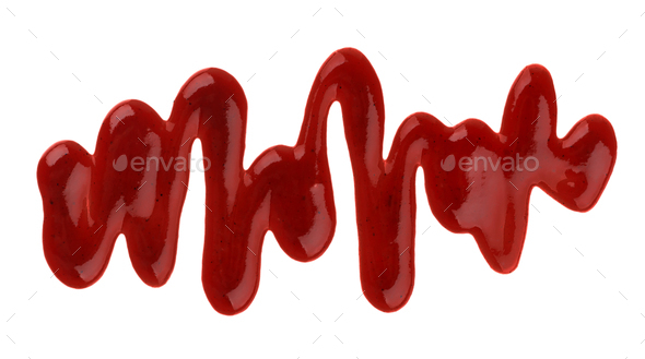 Ketchup. Splashes and spilled ketchup sauce isolated on white background. Top view