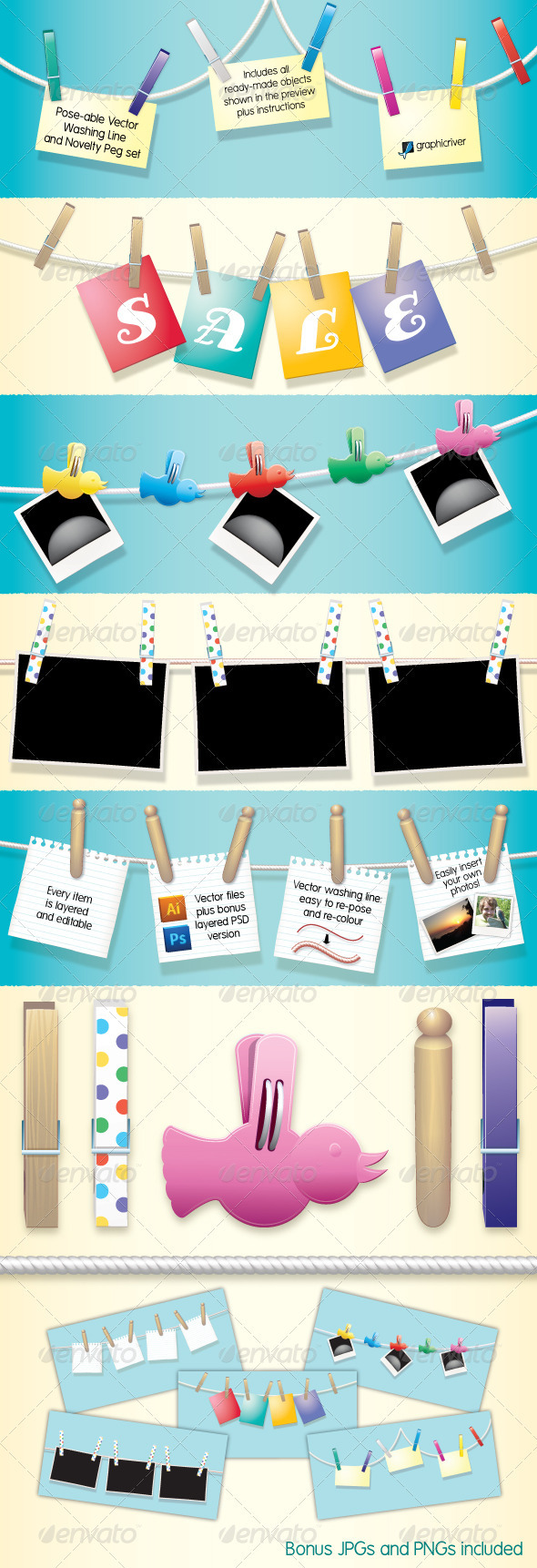 Pose-able Washing Line and Peg set - Miscellaneous Vectors