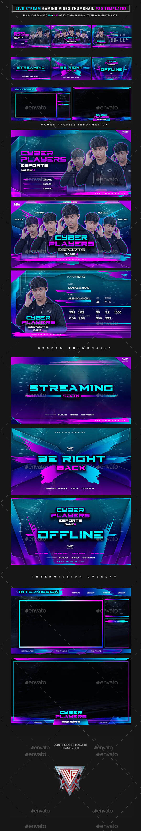 Cyber Players Live Stream Gaming Video Thumbnail / Banner Overlay Photoshop Templates