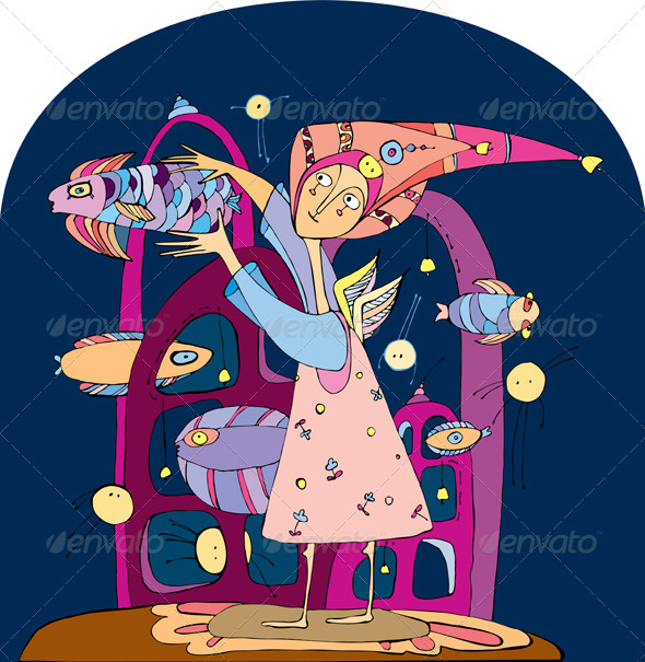 Girl Fish Pink Dress - People Characters