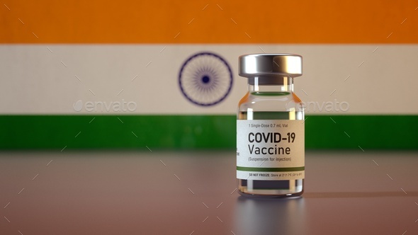 Corona Vaccine / Covid Vaccine Ampule / Vaccination in India Flag