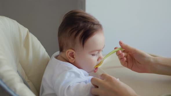 Portrait of a Sweet Child Who is Fed Baby Food From a Spoon alt
