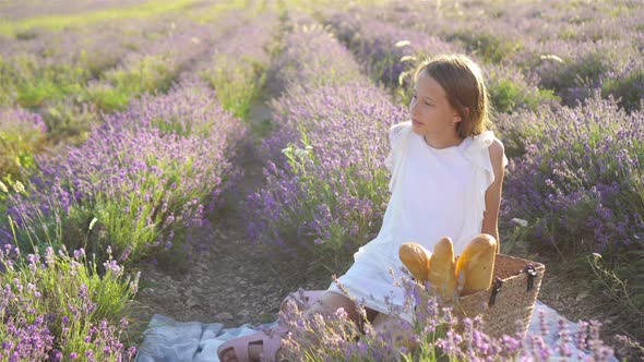 Little Girl in Lavender Flowers Field at Sunset in White Dress and Hat