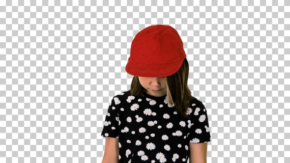 Cute asian girl walking and looking at her feet, Alpha Channel alt