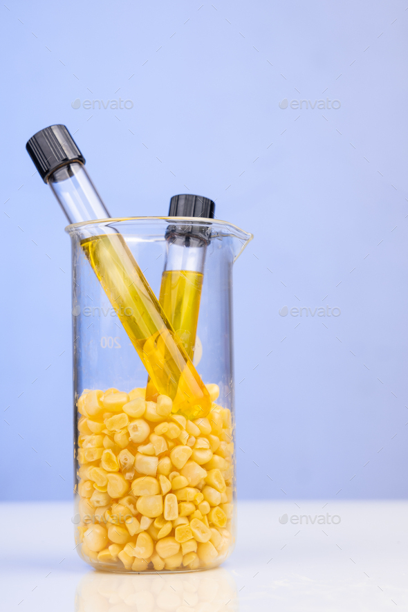 Ethanol biofuel derived from corn maze with beaker test tubes in laboratory on blue background