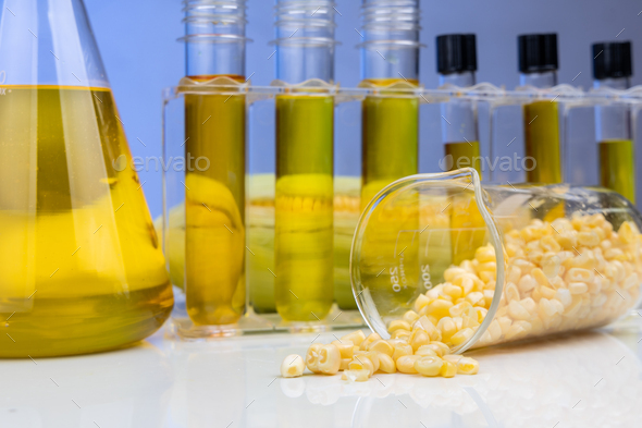 Close-up of ethanol biofuel derived from corn maze with beaker test tubes in laboratory