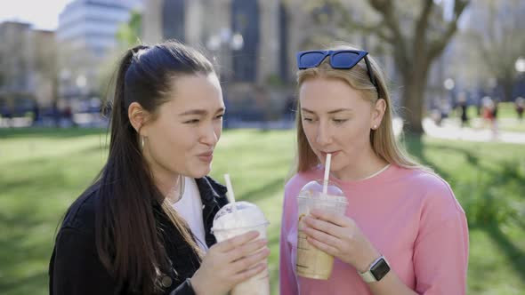 Female friends drinking milkshakes in park