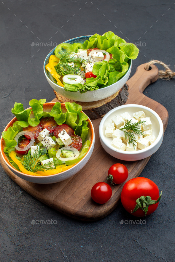front view vegetable salad with cheese cucumbers and tomatoes on dark background meal health snack