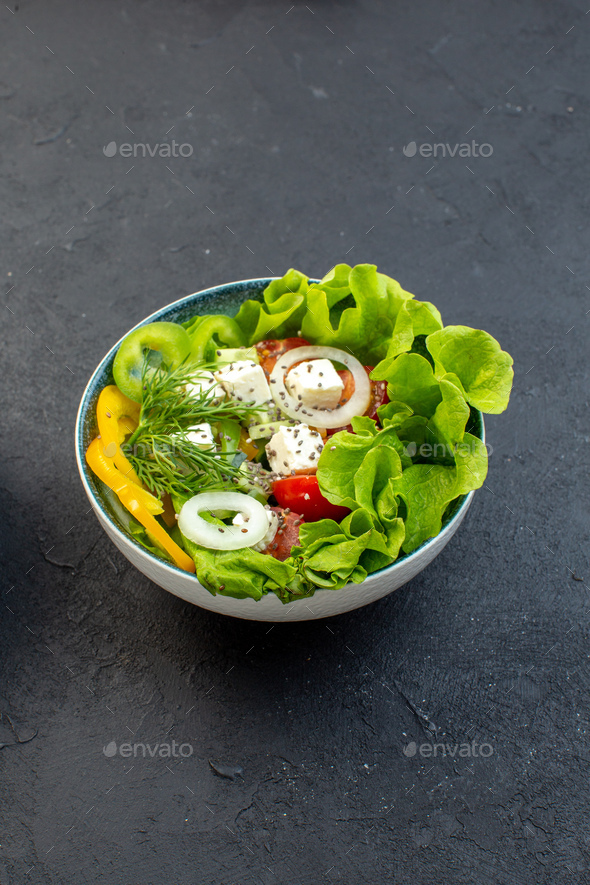 front view vegetable salad with cheese cucumbers and tomatoes on dark background meal health fit
