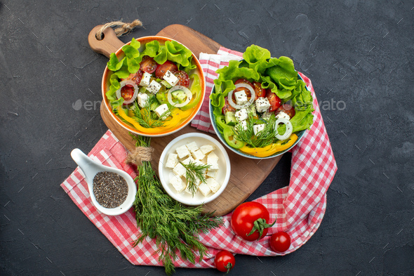 top view vegetable salad with cheese and tomatoes on dark background food diet meal lunch health