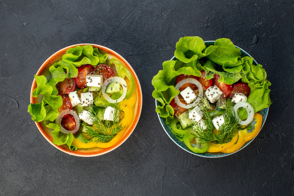top view tasty vegetable salad with cheese cucumbers and tomatoes on dark background meal health
