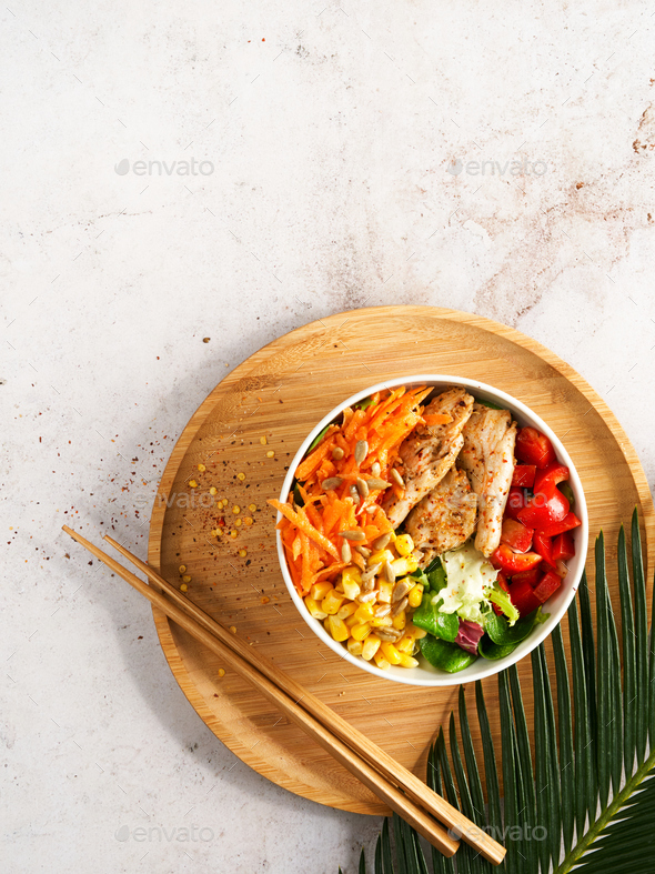 Download Healthy Vegan Poke Bowl Raw Salad Heura Vegetable Protein Vegan Chicken With Variety Vegetable Stock Photo By Milabond