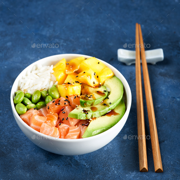 Download Salmon Poke Bowl Raw Fish Salad Asian Trendy Food Mango Soy Beans Edamame Rice Stock Photo By Milabond