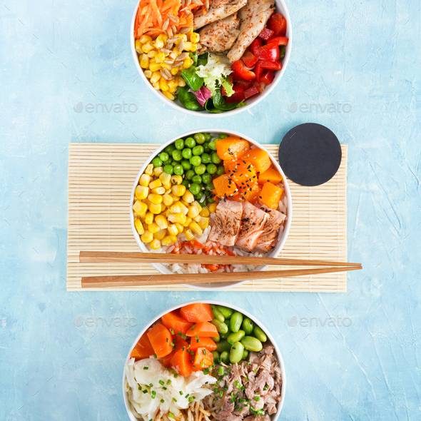 Three Poke bowls flamed salmon, pulled pork, vegan protein alternative heura, rice, vegetables.