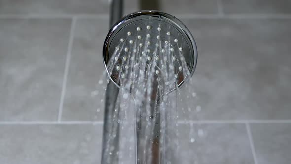 Turning On The Shower, The Flow Of Water From The Shower Head In The Bathroom.Chrome Plated Watering alt