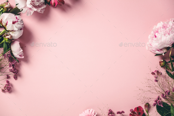 Assorted pink flower border on pink background, flat lay Stock Photo by  klenova