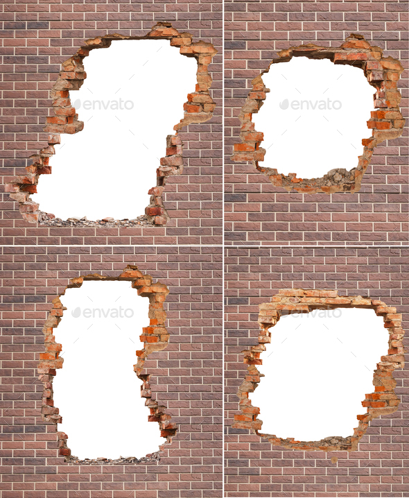 Set of holes in a broken brick wall - Stock Photo - Images