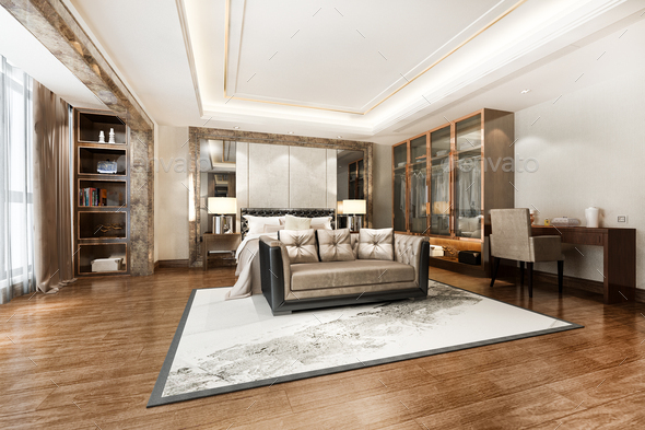 3d rendering luxury modern bedroom suite tv with wardrobe and walk in closet and working table