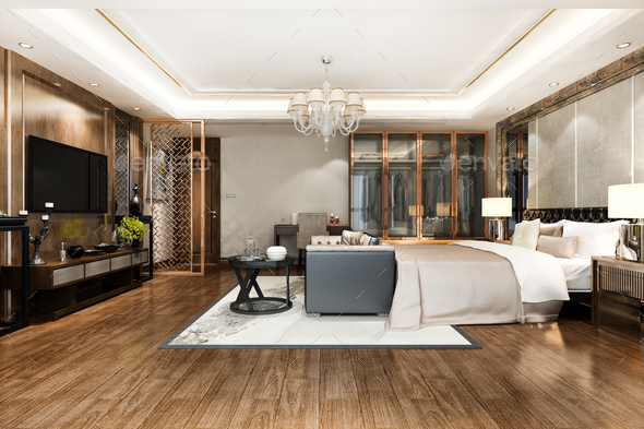3d rendering luxury modern bedroom suite tv with wardrobe and walk in closet and working table