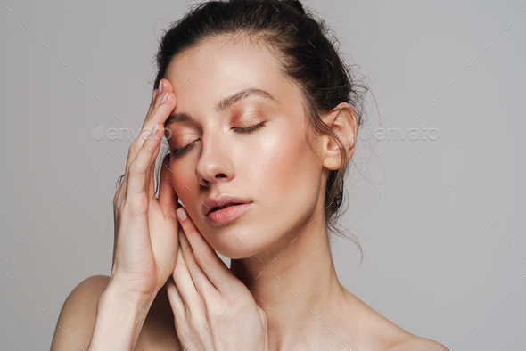 Beautiful Half Naked Woman Posing With Eyes Closed Stock Photo By