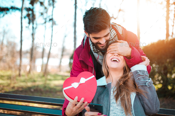 Man Surprising His Girlfriend With A T Couple In Love Valentines