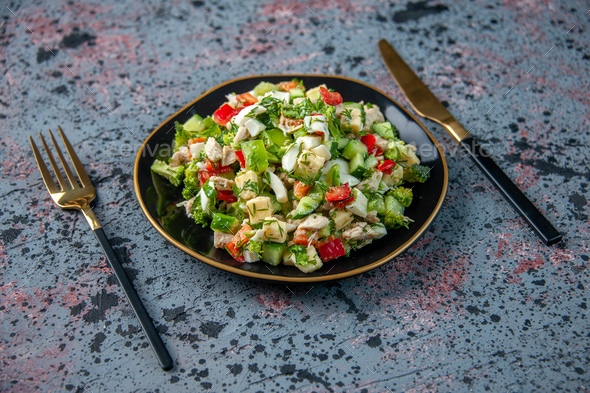 front view vegetable salad inside plate on dark background fresh health cuisine lunch restaurant