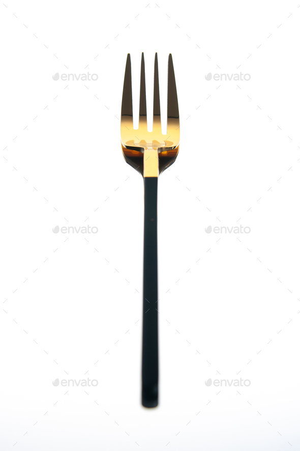 front view golden fork on white background cutlery color knife restaurant  cafe dinner dish table Stock Photo by KamranAydinovStudio