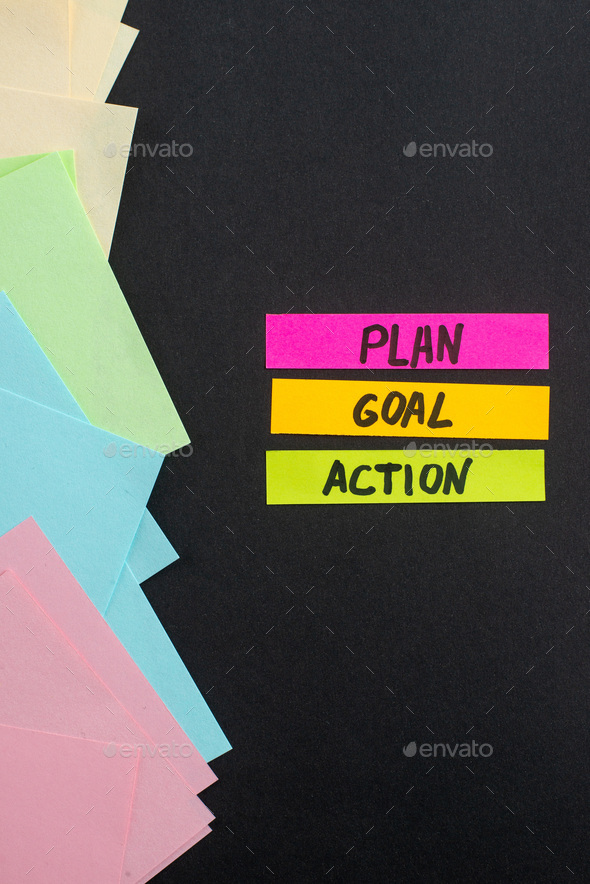 top view plan goal action notes with stickers on dark background darkness color job business