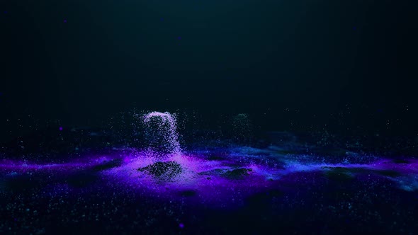 Abstract digital landscape with blue particles on a black background.