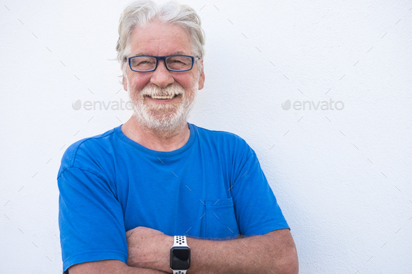 Portrait Close Up Of A Smiling Senior Man With White Beard On White Background Wearing 