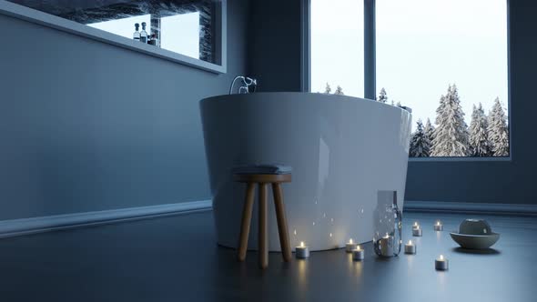 Luxury Grey Bathroom With Free Standing Bathtub And Candle Lights