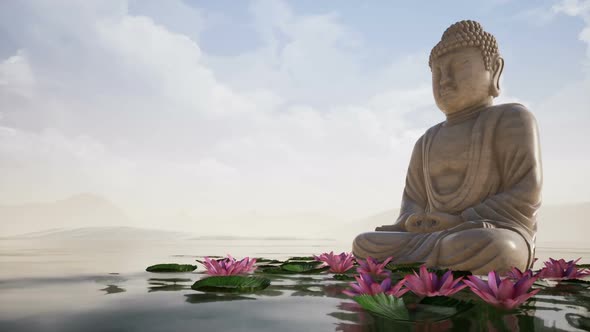Peaceful Background With Buddha Statue Above The Lake For Relaxation alt