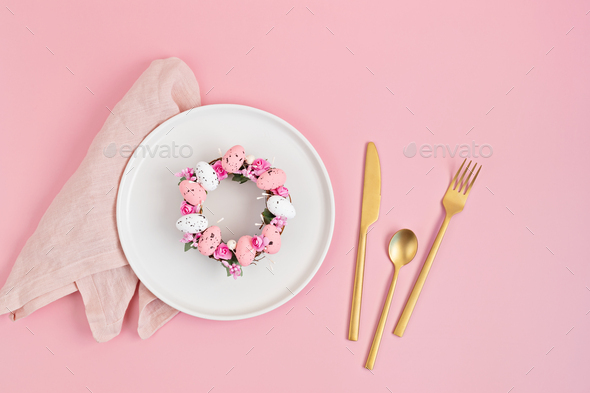 Flat lay with mockup menu and easter decoration. Easter wreath and blank card