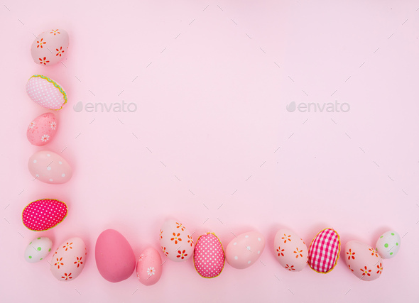 Happy Easter. Pink pastel color eggs on pink background, copy space Stock  Photo by rawf8