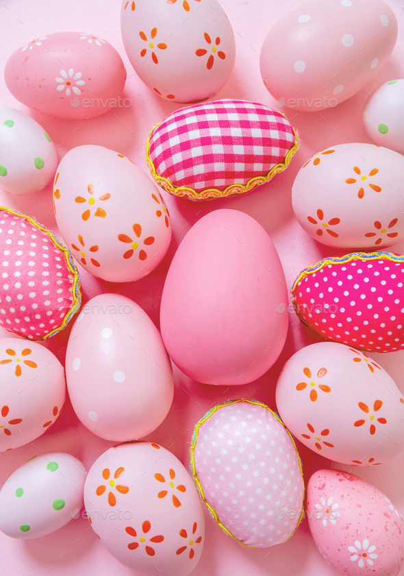 Happy Easter. Pink pastel color eggs variety on pink background Stock Photo  by rawf8