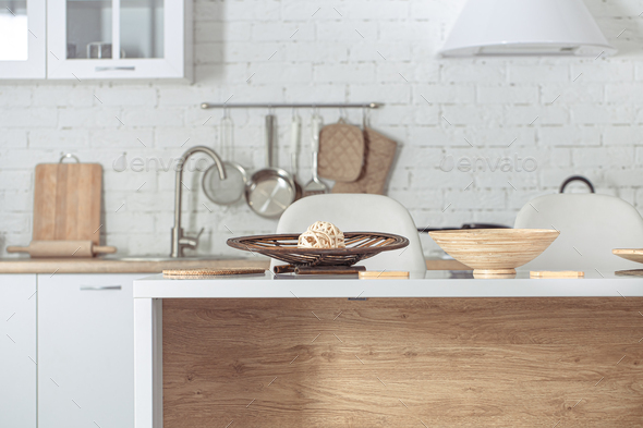 Modern stylish Scandinavian kitchen interior with kitchen accessories.  Stock Photo by puhimec