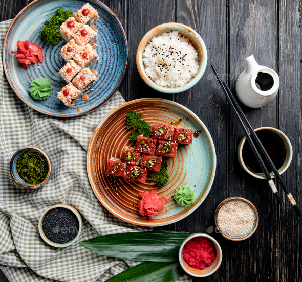 Japanese Sushi Set with Soy Sauce, Wasabi and Pickled Ginger Stock