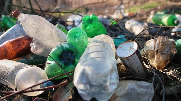 River coast with a lot of scattered plastic bottles alt