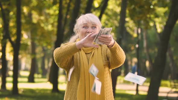 Extremely Happy Old Woman Scattering Money, Pension Increase, Lottery Win alt