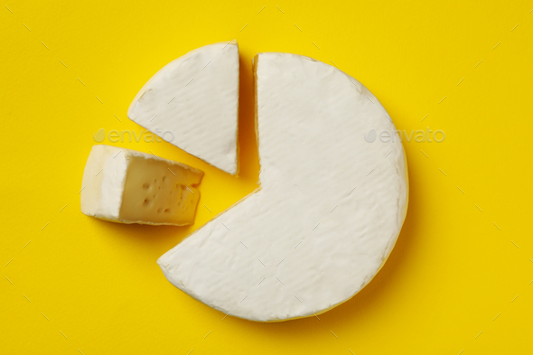 Delicious camembert cheese on yellow background, top view