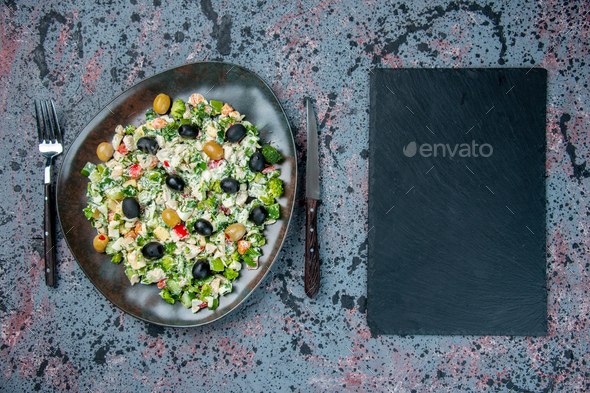 top view vegetable salad with mayyonaise and olives inside plate on blue background color health