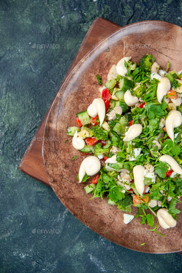 top view vegetable salad inside elegant plate on dark blue background cuisine health color fit