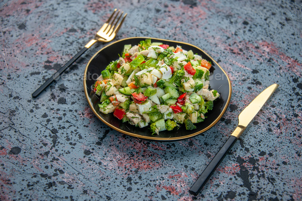 front view tasty vegetable salad inside plate on dark background fresh health cuisine lunch diet