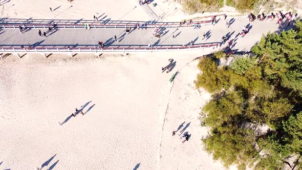 Mass of people walking on Palanga bridge and sandy beach, top down aerial view alt