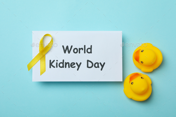 Text world kidney day, yellow awareness ribbon and rubber ducks on blue background