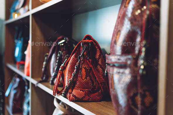 Fashion trend Snakeskin Print handbags on shelf in a store, shop. Sale, shopping, accessories