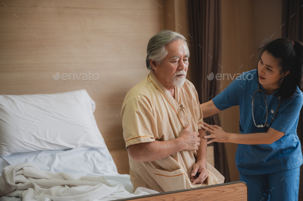 Nurses support the elderly patient man to resting at hospital room, medical health care